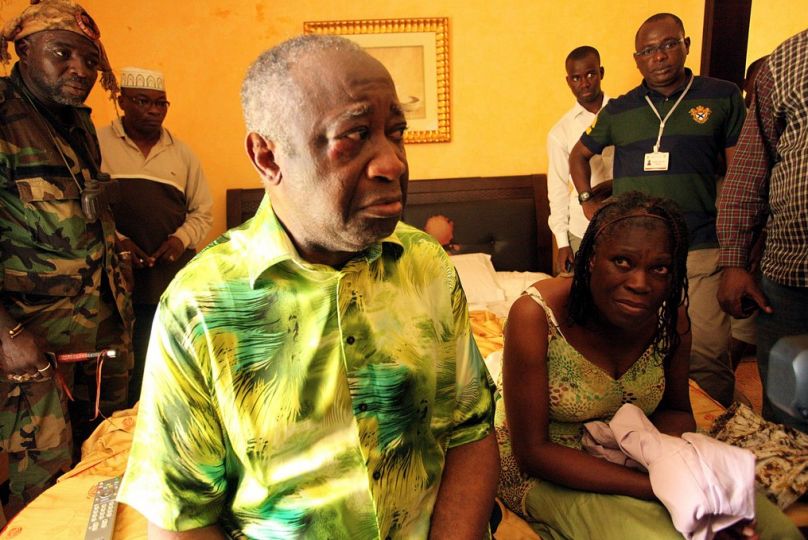 Gbagbo’s Unmasking. ”The killing in Ivory Coast came to an end with the capture of former president Laurent Gbagbo after a weeklong siege of his residence. Seen here with his wife, Gbagbo’s appearance confounds expectations—we find not the violent warlord in chains, but a vulnerable old man sitting on the foot of his bed, unmasked.” Photo from AFP/Getty Images, ”Lens”, New York Times