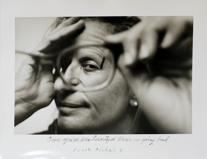 Annie Liebovitz, c. 2000s/2015rnGelatin silver print with hand-applied textrn7 7/8 x 12 inches (image); 11 x 14 inches (sheet)rnEdition 1/5rn© Duane Michals. Image courtesy of DC Moore Gallery, New Yorkrn