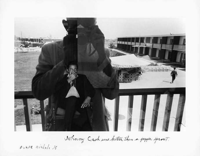 Johnny Cash, c. 1960s/2015rnGelatin silver print with hand-applied textrn8 x 12 inches (image); 10 7/8 x 13 3/4 inches (paper)rnEdition 1/5rn© Duane Michals. Courtesy of DC Moore Gallery, New York.rn