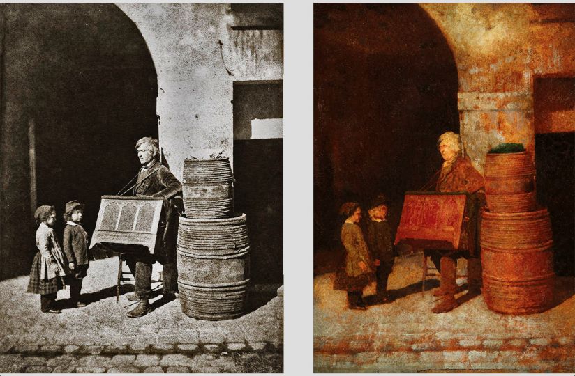 Joueur d'orgue et deux enfants l'écoutant © avant 1853 Charles Nègre collection Nègre (photographie tirage moderne de Michel Cresp & peinture)