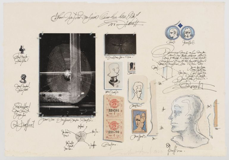 Sans titre, 2020 Photographies : Araignée, Île d’Yeu, 2018 / Jantar Mantar, Jaipur, Inde, 1999 Collage, tirage photographique sur papier Murakumo blanc, dessin, crayon, encre, étiquette 26 cm x 37 cm © Bertrand Huet / Tutti courtesy baudoin lebon