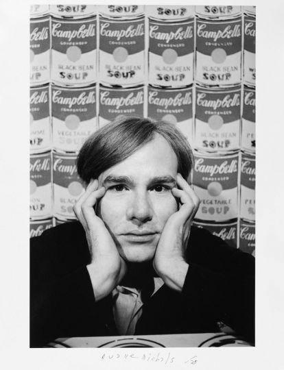 Andy Warhol (In Front of Campbell's Soup Art), c. 1962 © Duane Michals. Courtesy of DC Moore Gallery, New York.