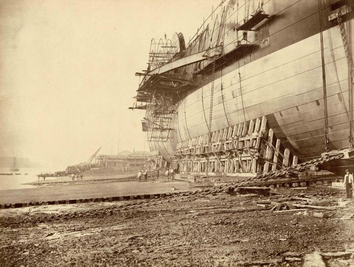 Robert Howlett (English, 1831-1858) The Great Eastern, side view with launching cradles, 1857 Albumen print from a glass negative 23.3 x 30.5 cm - Courtesy Hans P. Kraus Jr. Fine Photographs